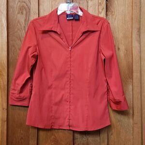 DCC MISSY Zip Up Collared 3/4 Sleeve Stretch Blouse, Medium, Orange